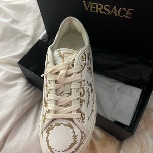 Versace Women's Elegant White and Gold Sneakers